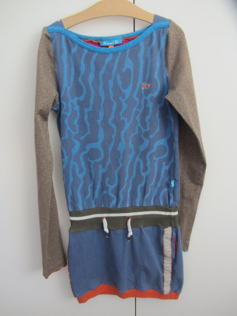 Blauw/grijze jurk Ninni Vi maat 158, Ophalen of Verzenden, Gebruikt, Meisje, Jurk of Rok