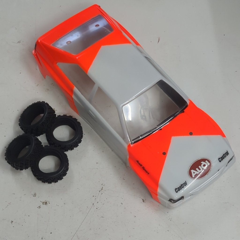 1/10 Audi Quattro kap body + rally banden (Tamiya HPI Kyosho, Ophalen of Verzenden, Gebruikt, Schaal 1:10, Onderdeel
