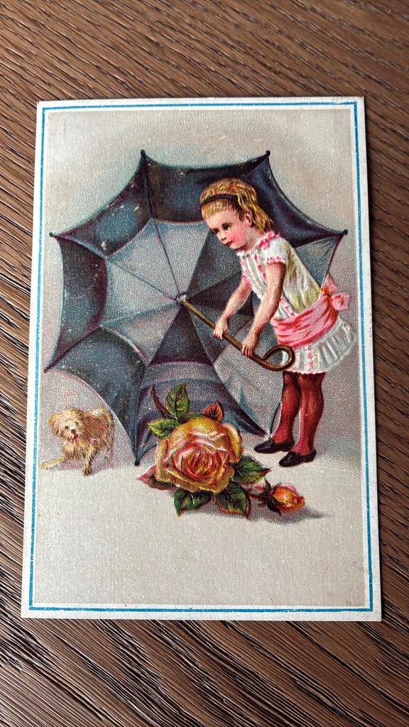 Meisje met paraplu, hondje, grote  roos. Reliefkaart, Ophalen of Verzenden, Voor 1920, Kinderen