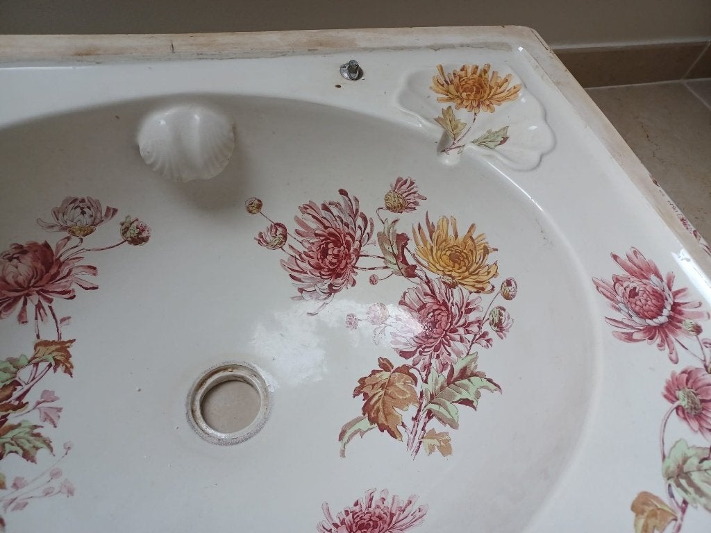 Antieke Engelse wastafel onderbouw gekleurde bloemen, Ophalen