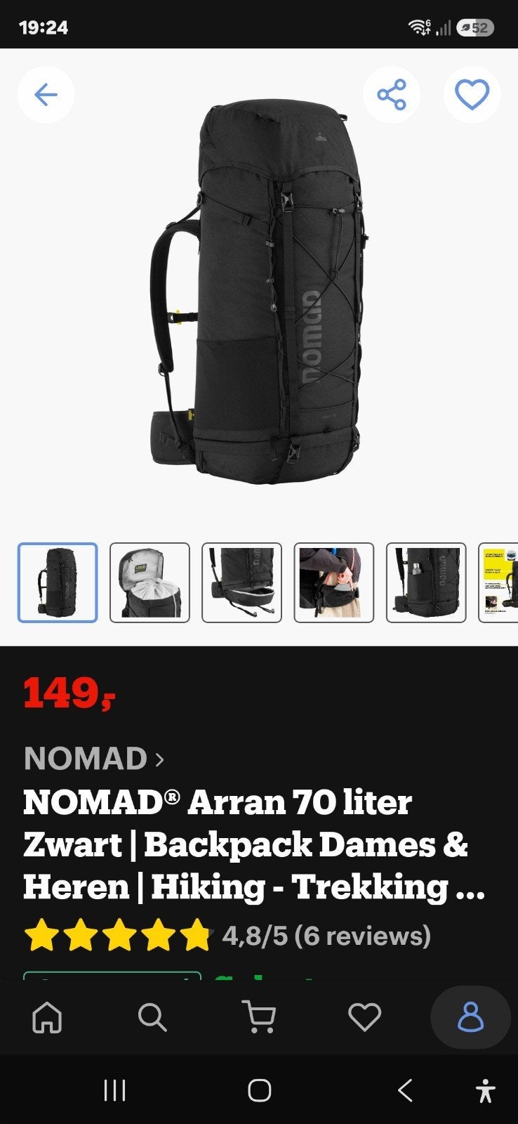 NOMAD Arran 70 liter Backpack Zwart - Hiking & Trekking, Ophalen