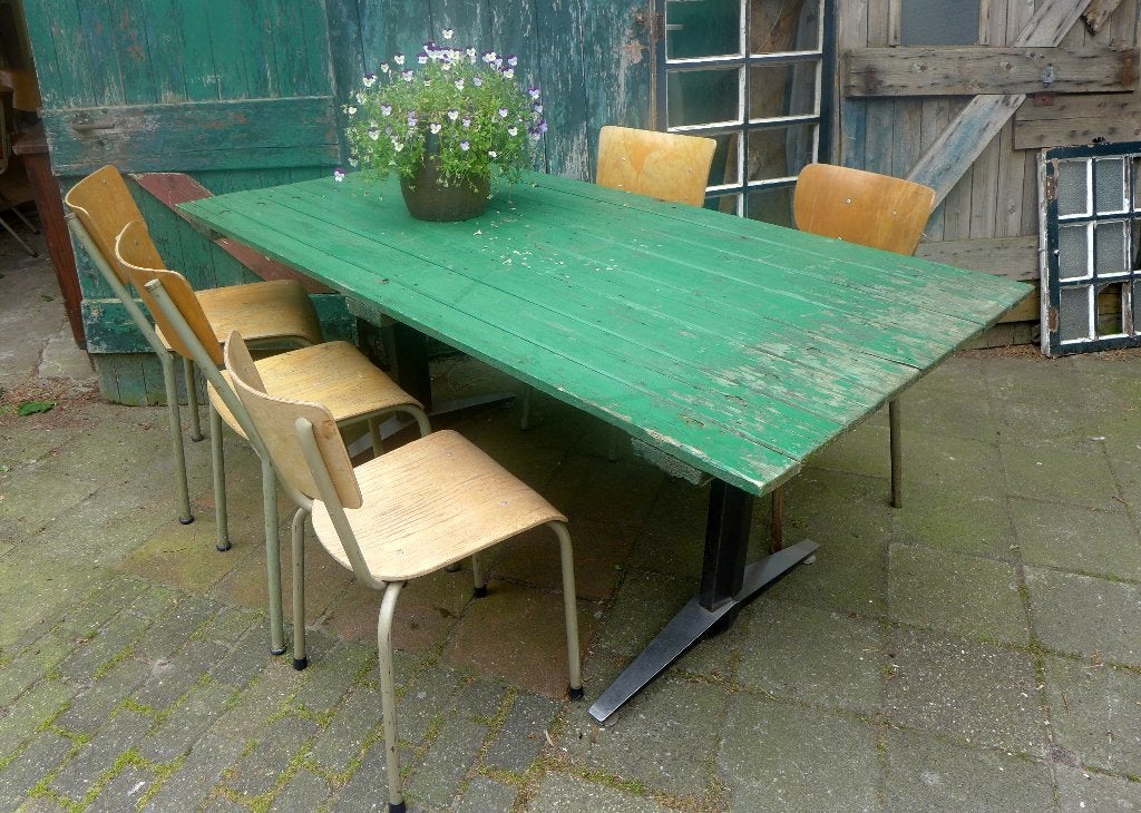 Prachtige brocante groene landelijke tuintafel, Ophalen, Gebruikt, Onbekend, Onbekend