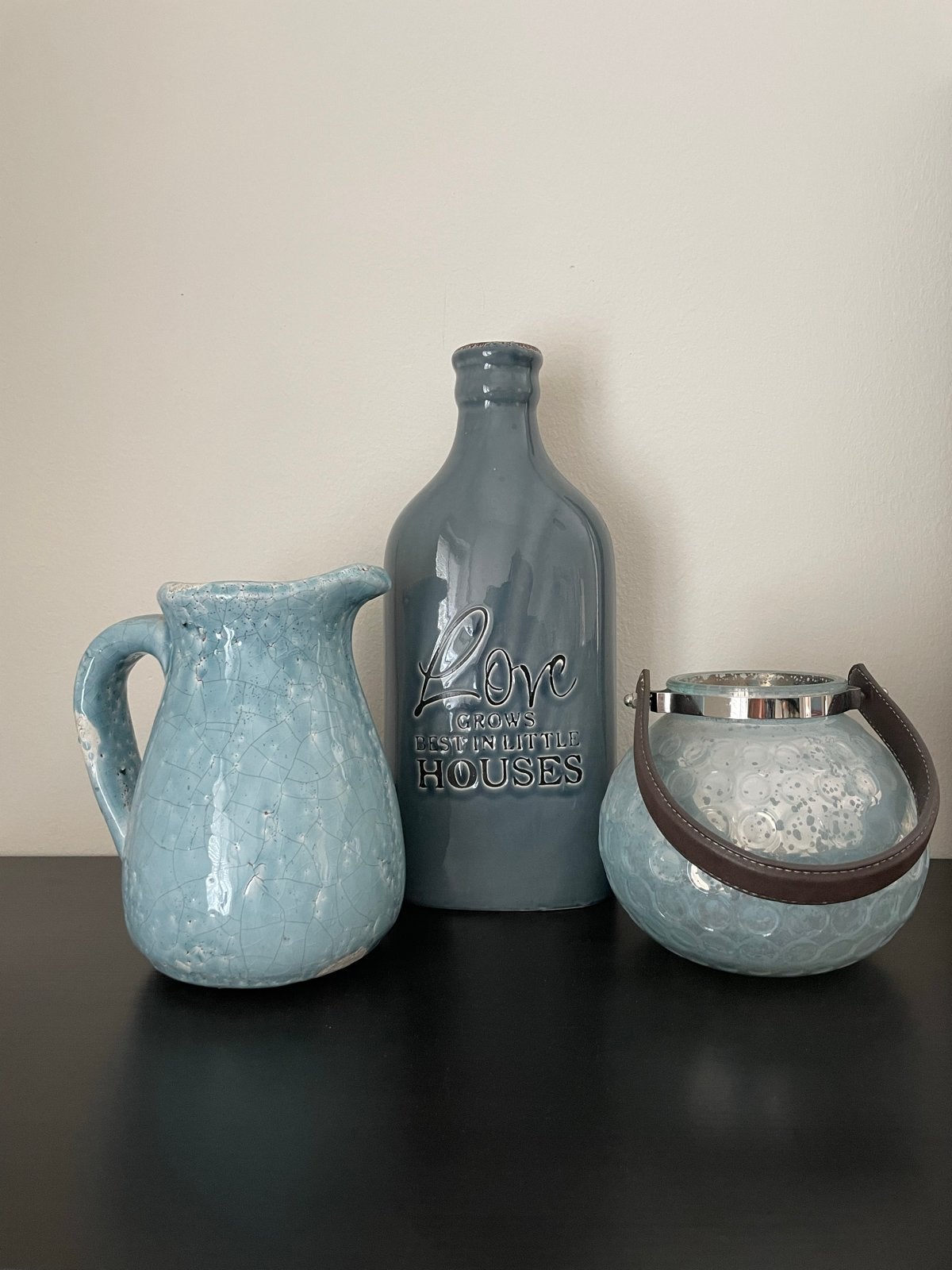 Decoratieve set: kan, fles en windlicht, Gebruikt, Blauw, Ophalen of Verzenden, Landelijk