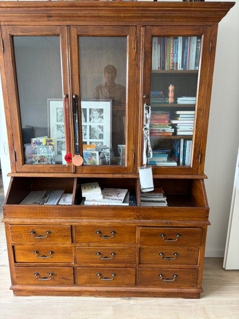 Grote eiken klassieke buffet- en boekenkast met vitrinedeur, Ophalen, Gebruikt, 200 cm of meer, Klassiek en antiek