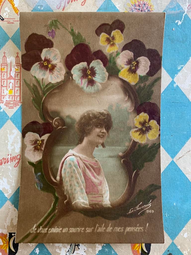 Dame met viooltjes, Ophalen of Verzenden, Voor 1920, Gelopen, Overige thema's