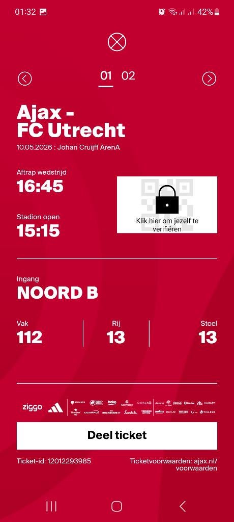 2 Tickets Ajax Utrecht 10 mei, Losse kaart, Twee personen, Mei