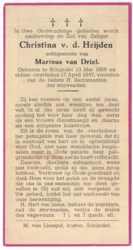 Christina v.d. Heijden 1868 Schijndel + 1947 Schijndel 78 jr, Ophalen of Verzenden