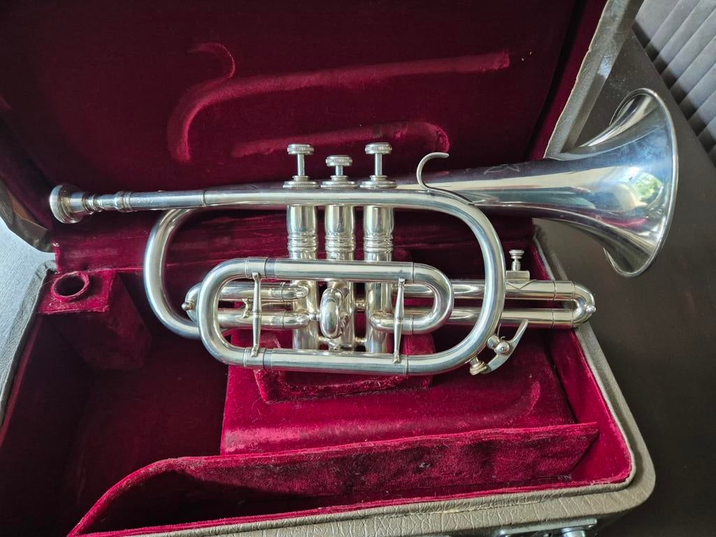 Zilverkleurige Cornet Trompet met Koffer, Muziek en Instrumenten, Blaasinstrumenten | Trompetten, Ophalen of Verzenden