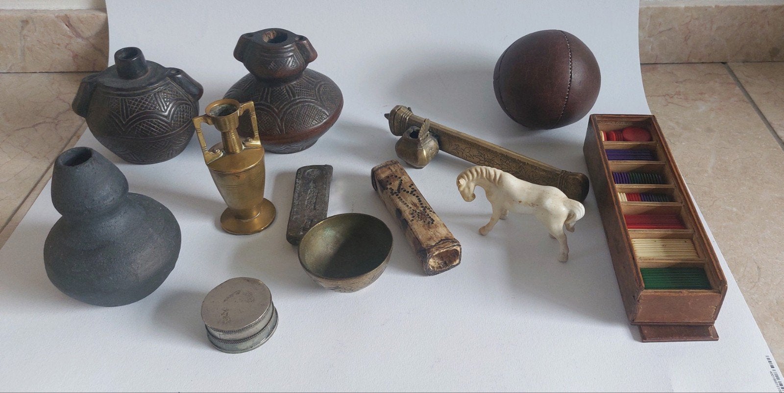 Antiek inboedel spel vaasje kruitflessen mini klankschaal, Antiek en Kunst, Ophalen of Verzenden, Koper