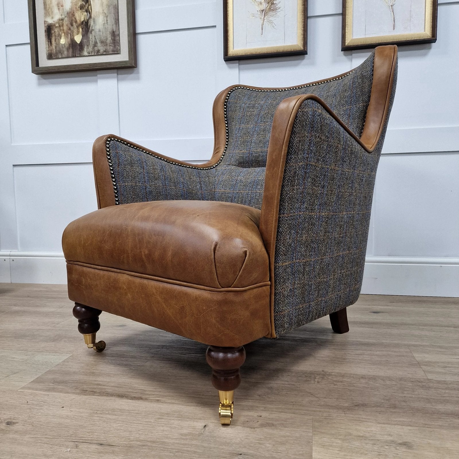 CHESTERFIELD OORFAUTEUIL ENGELSE HARRIS TWEED COGNAC LEER, Huis en Inrichting, Ophalen of Verzenden, Nieuw, 75 tot 100 cm