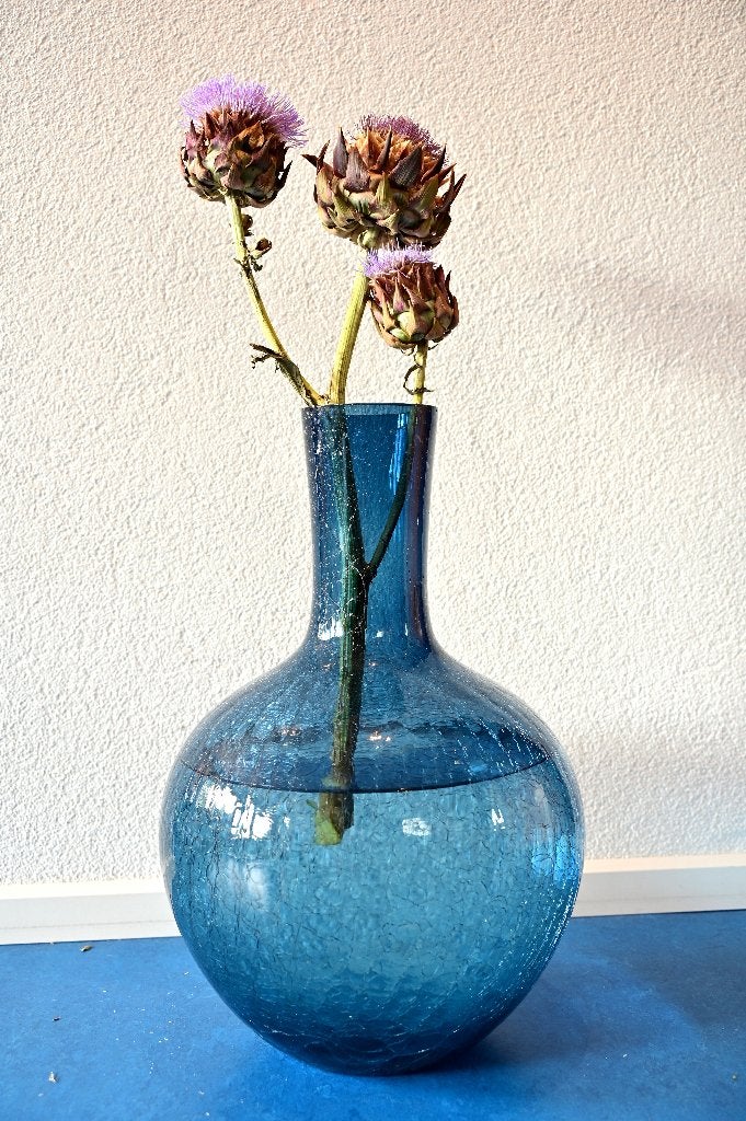 DEZE WEEK! POLSPOTTEN gecraq. glas BallBody Vaas L €50 nieuw, Blauw, Nieuw, Ophalen of Verzenden, Glas