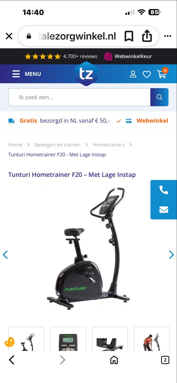 Tunturi Hometrainer F20 - Zgan, Sport en Fitness, Ophalen of Verzenden, Zo goed als nieuw, Hometrainer