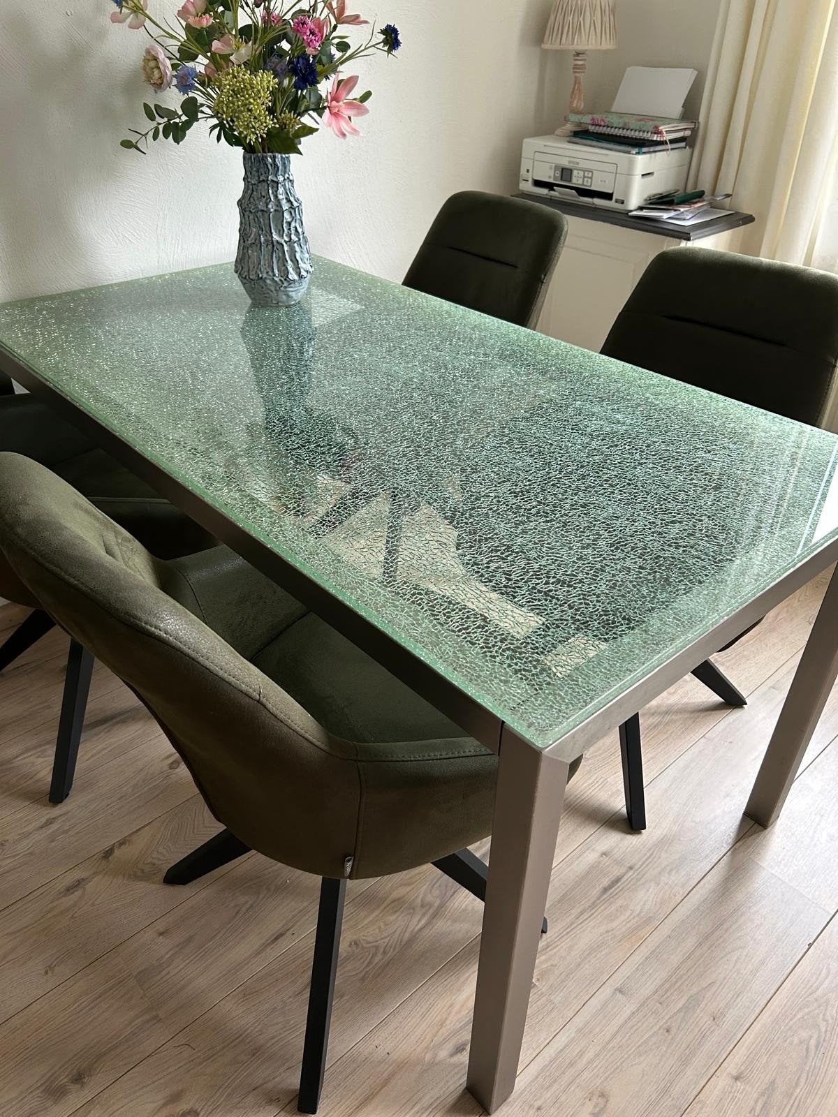 Eettafel van craquelé ijsglas (150x80x75 cm), Huis en Inrichting, Ophalen, Gebruikt, 100 tot 150 cm, 50 tot 100 cm