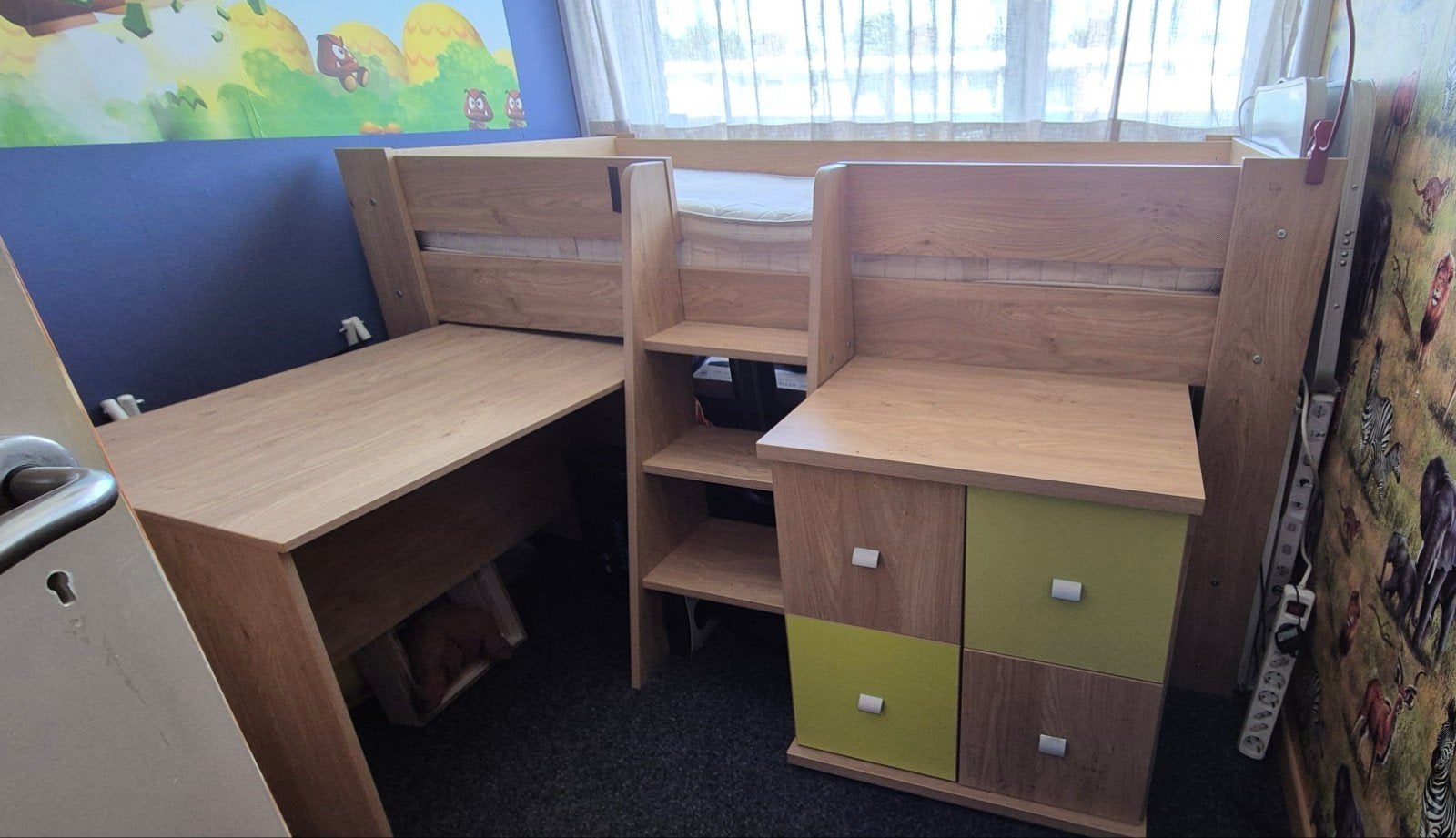 Halfoogslaper met bureau, en kastje, Ophalen, 85 tot 100 cm, Gebruikt, Lattenbodem