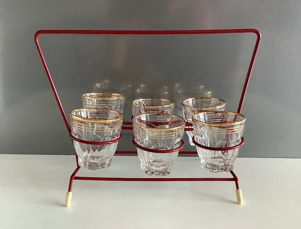 Vintage likeurset met 6 glaasjes, Ophalen of Verzenden, Zo goed als nieuw, Borrel- of Shotglas