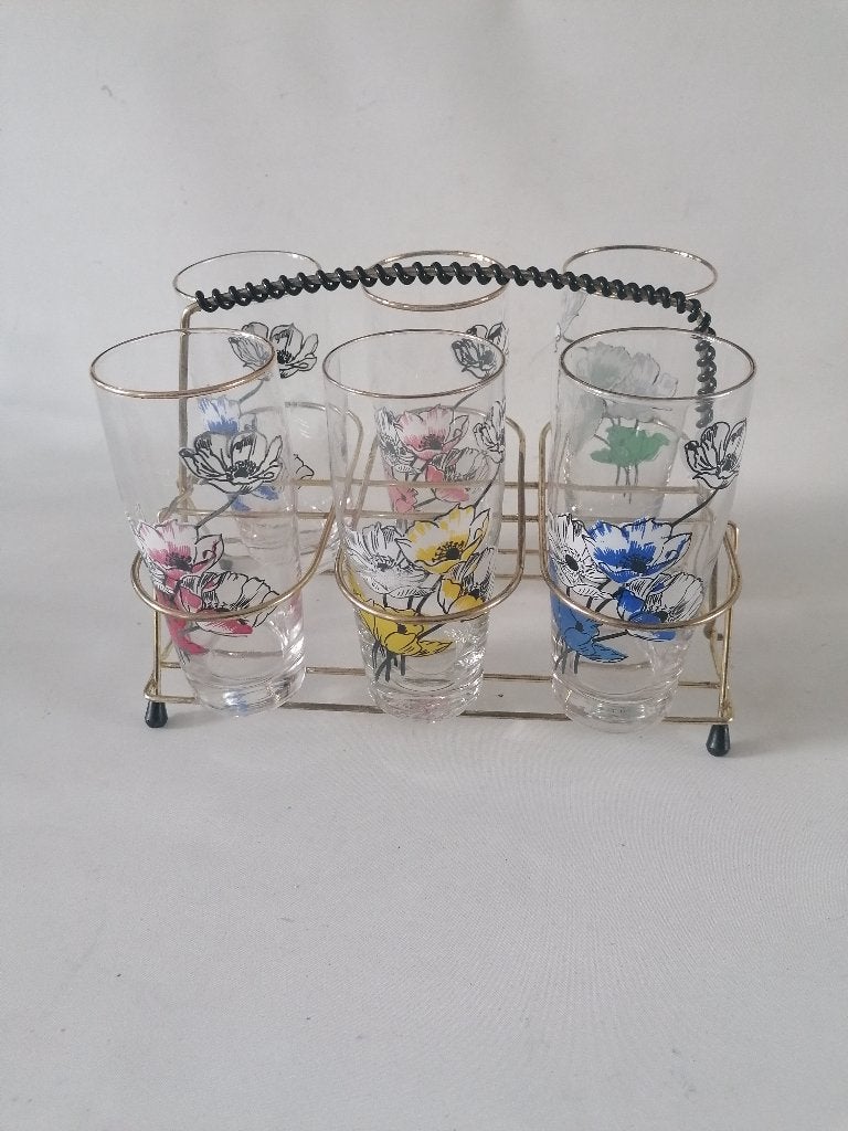 vintage rekje met 6 glazen  met bloem afbeeldingen izgst, Ophalen of Verzenden, Gebruikt, Overige typen