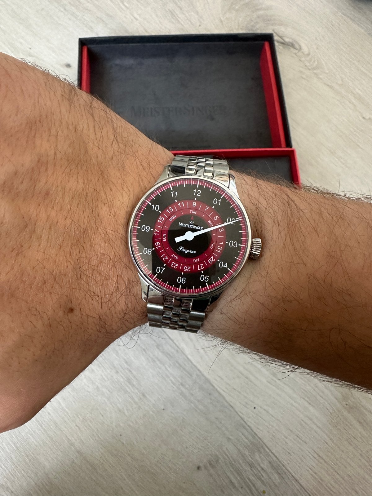 Meistersinger Pangaea Day Date, Overige merken, Staal, Polshorloge, Ophalen of Verzenden