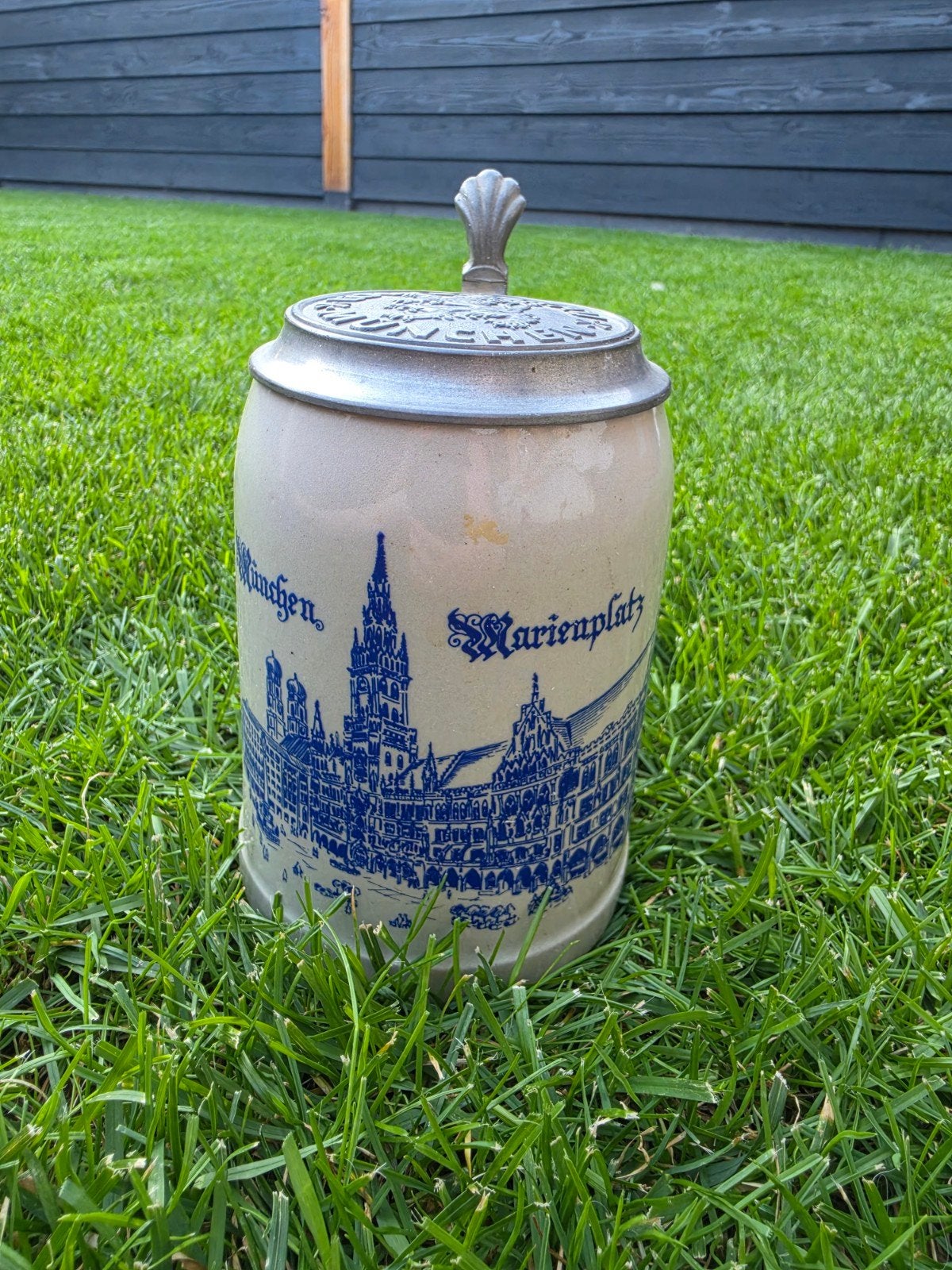 Vintage Löwenbräu München Bierpul met Tin Deksel, Antiek en Kunst, Ophalen of Verzenden