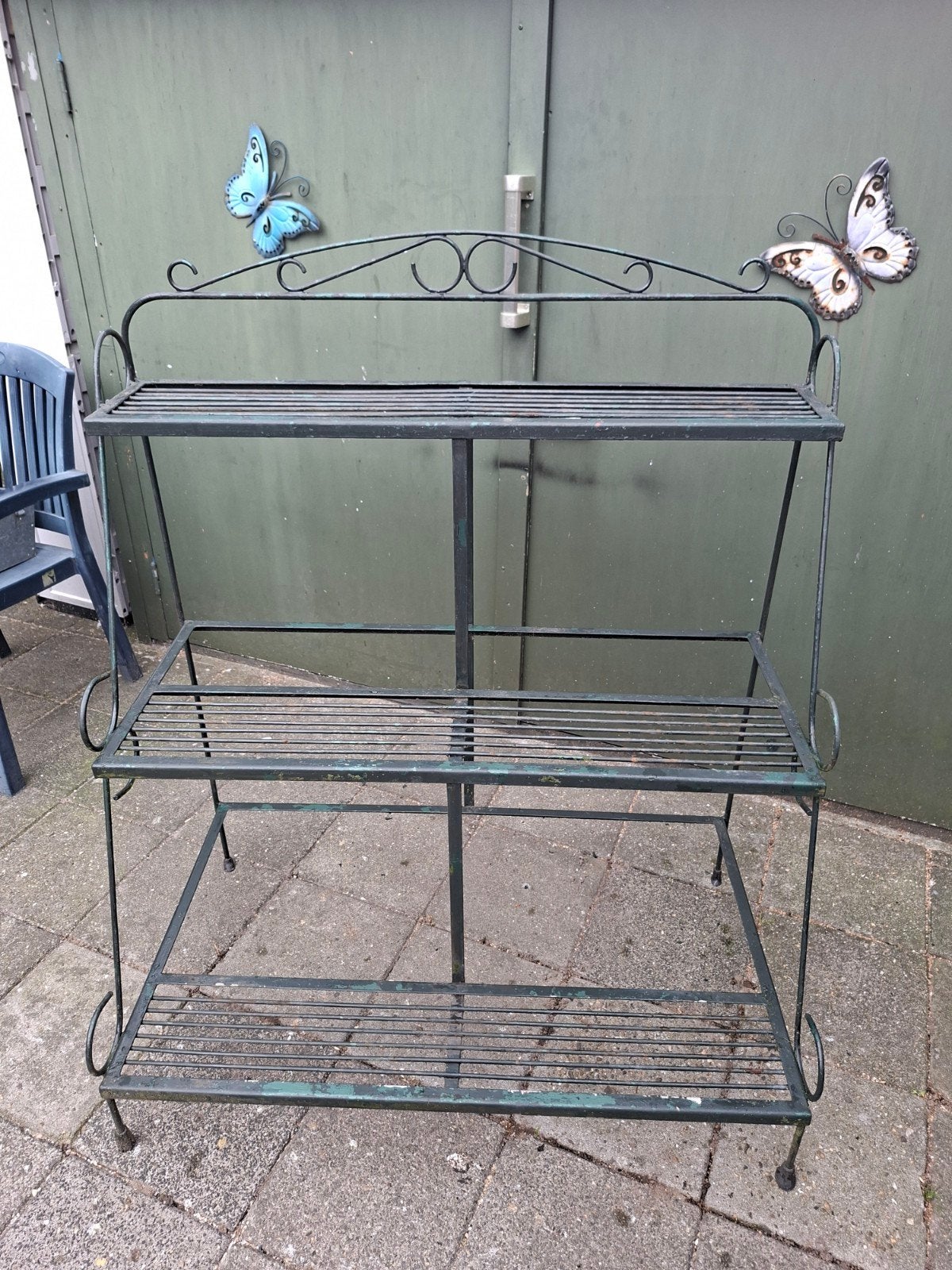 Metalen plantenrek,  donkergroen met 3 etages en zinken bloe, Ophalen, Gebruikt, Metaal, 60 tot 100 cm