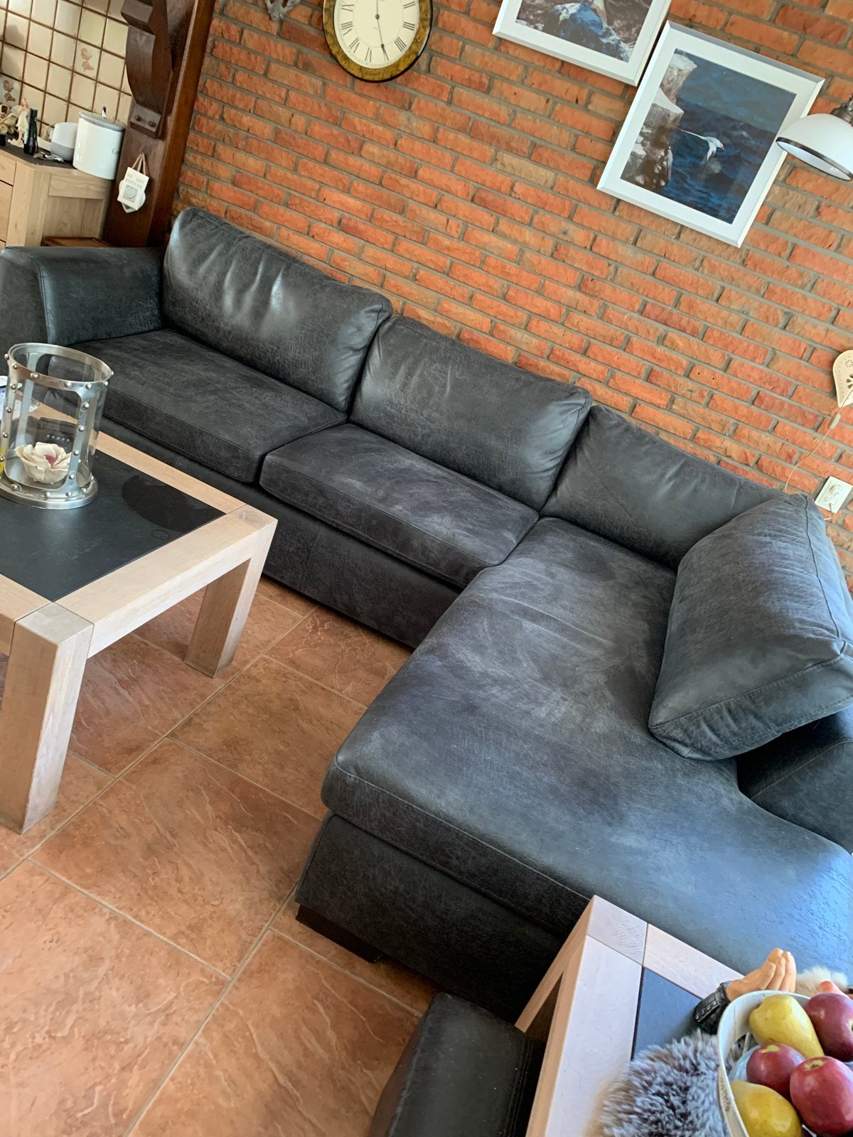 Grijze leren hoekbank, Huis en Inrichting, Banken | Bankstellen, Ophalen, 250 tot 300 cm, Gebruikt, 100 tot 125 cm