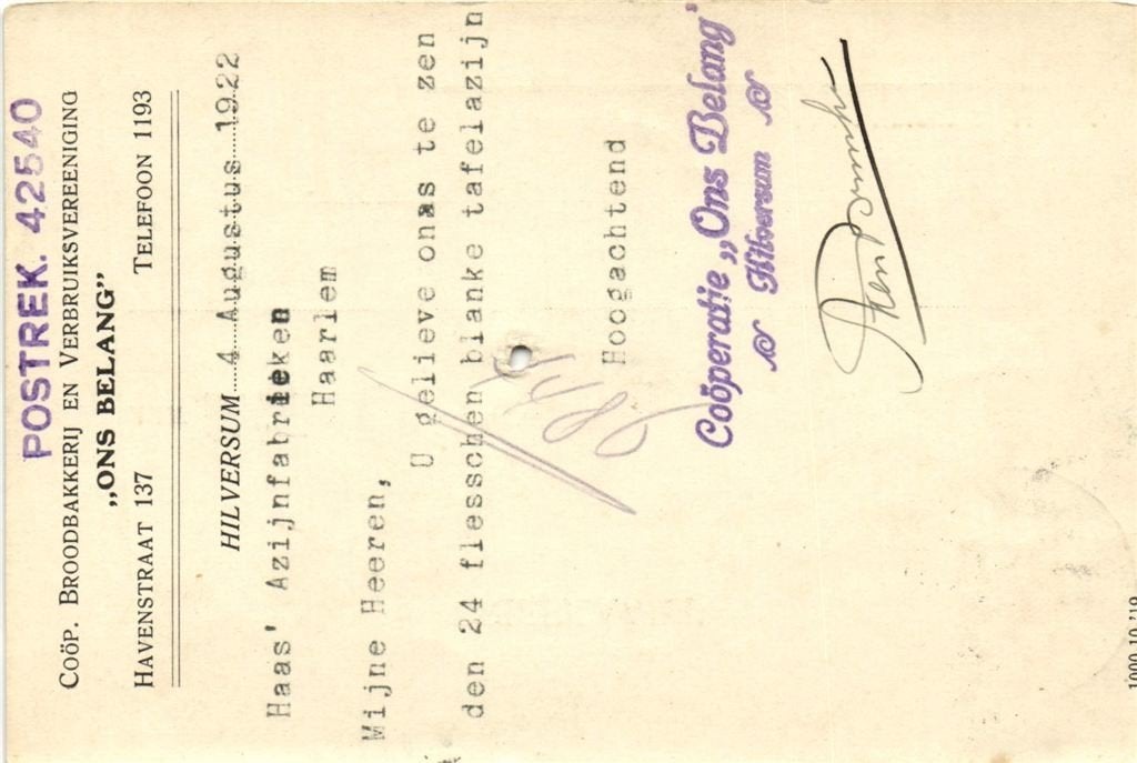 Ons Belang, Hilversum - 08.1922 - briefkaart, Ophalen of Verzenden, Briefkaart