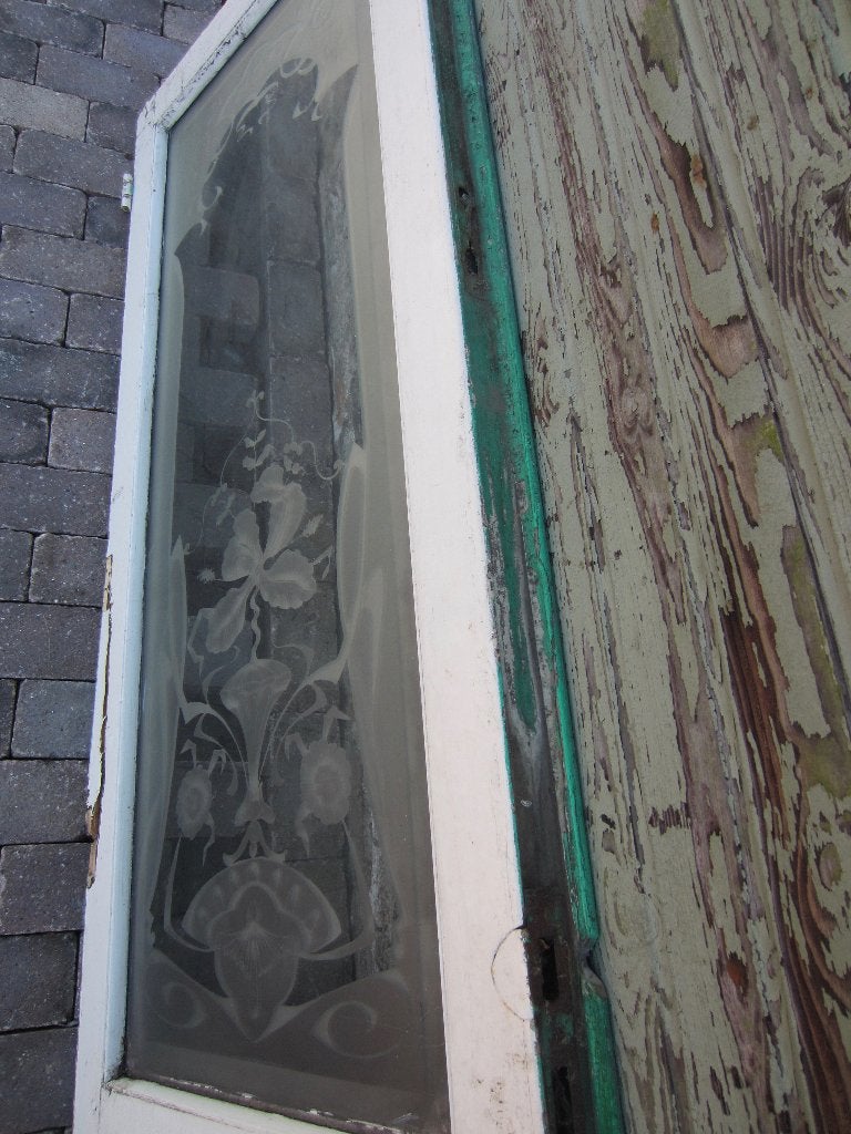 145hx52,5br Glasplaat met prachtig ge-etst glas, jugendstil, Antiek en Kunst, Antiek | Glas en Kristal, Ophalen