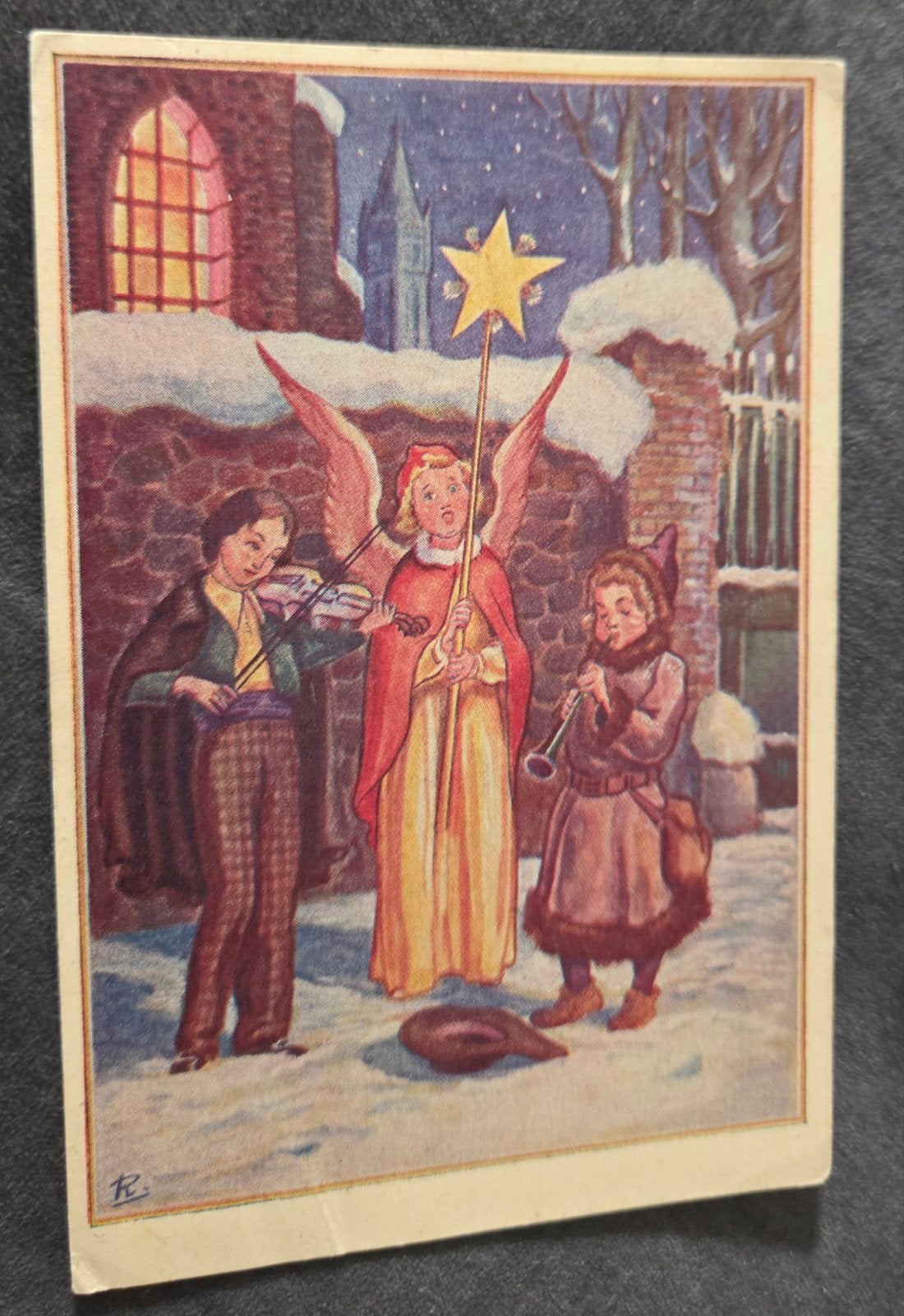 Vintage Kerstkaart: Engelen met Muziekinstrumenten, Verzenden, 1940 tot 1960, Ongelopen, Feest(dag)