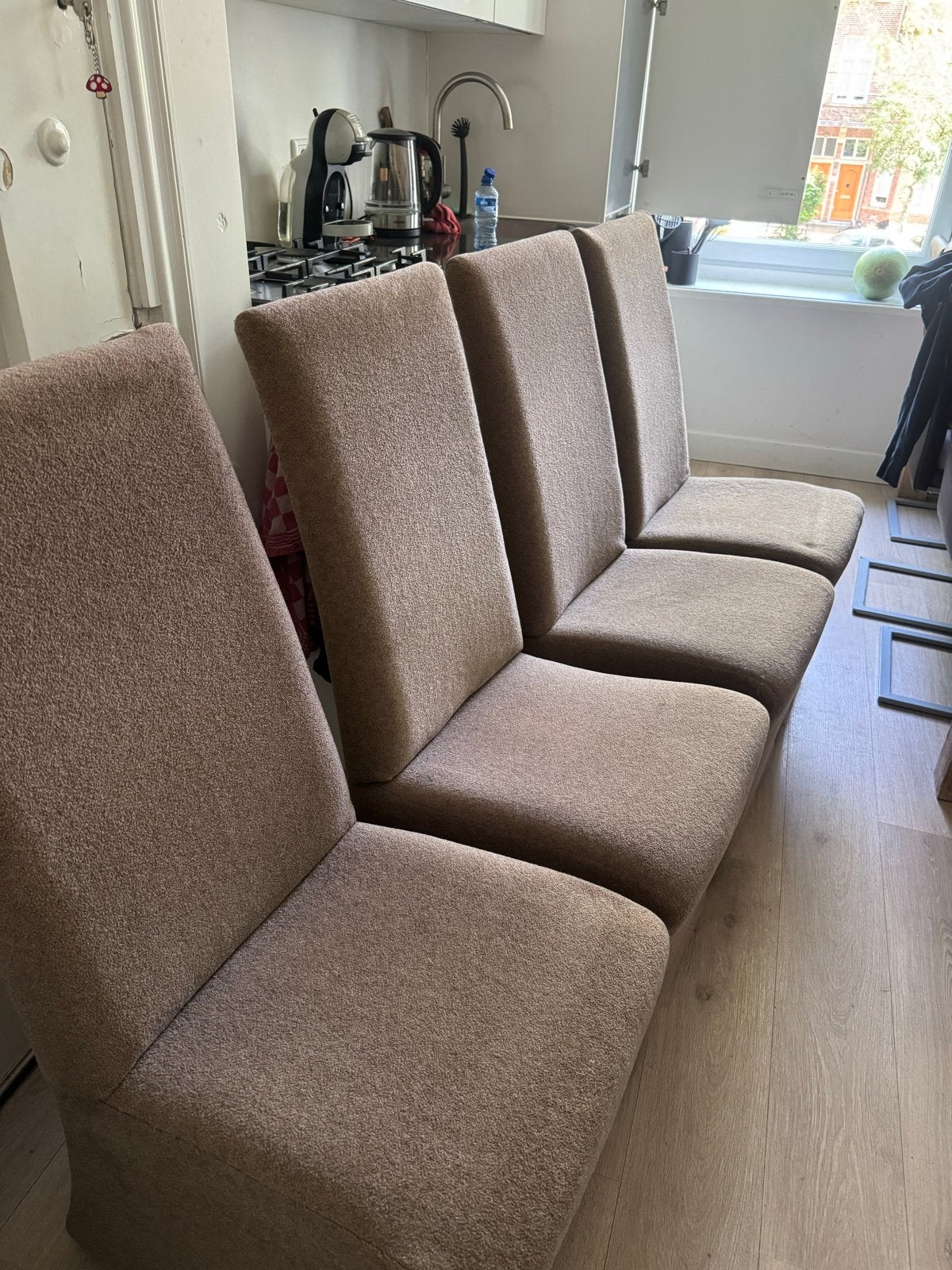 Set van 4 bruine stoffen eetkamerstoelen, Ophalen, Gebruikt, Bruin, Vier
