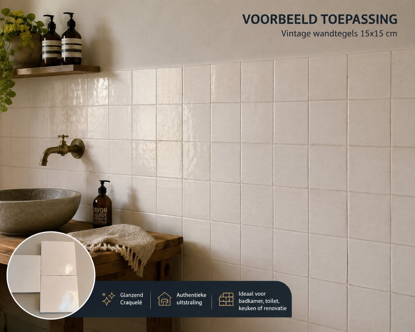 17,4 m² Vintage Crèmekleurige/wit Wandtegels, Ophalen, Keramiek, Minder dan 20 cm, Wandtegels