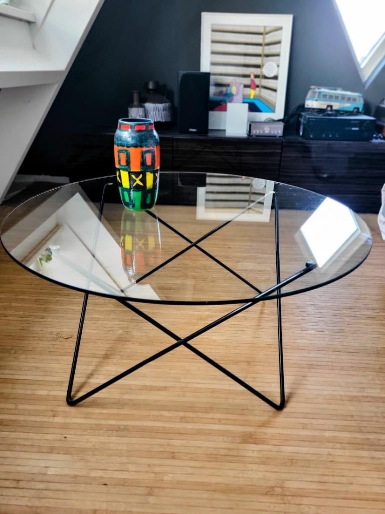 Ronde Glazen Salontafel Stijl Pierre Guariche, 1970s, Gebruikt, 50 tot 100 cm, Verzenden, Guariche,  Feather Anza, Airborne