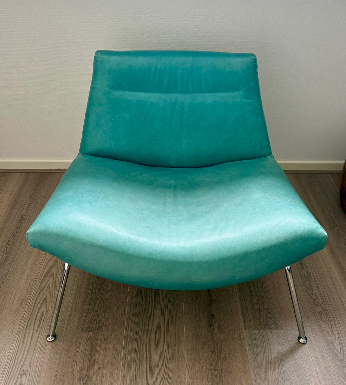 Topform Grippa design fauteuil – turquoise leer – chroom, Huis en Inrichting, Ophalen, Gebruikt, 50 tot 75 cm, Leer