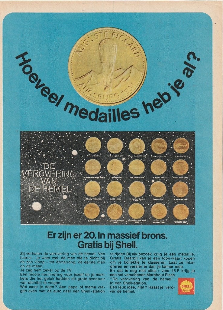 Retro reclame 1970 Shell bronzen medailles ruimtevaart, Verzenden, Overige typen