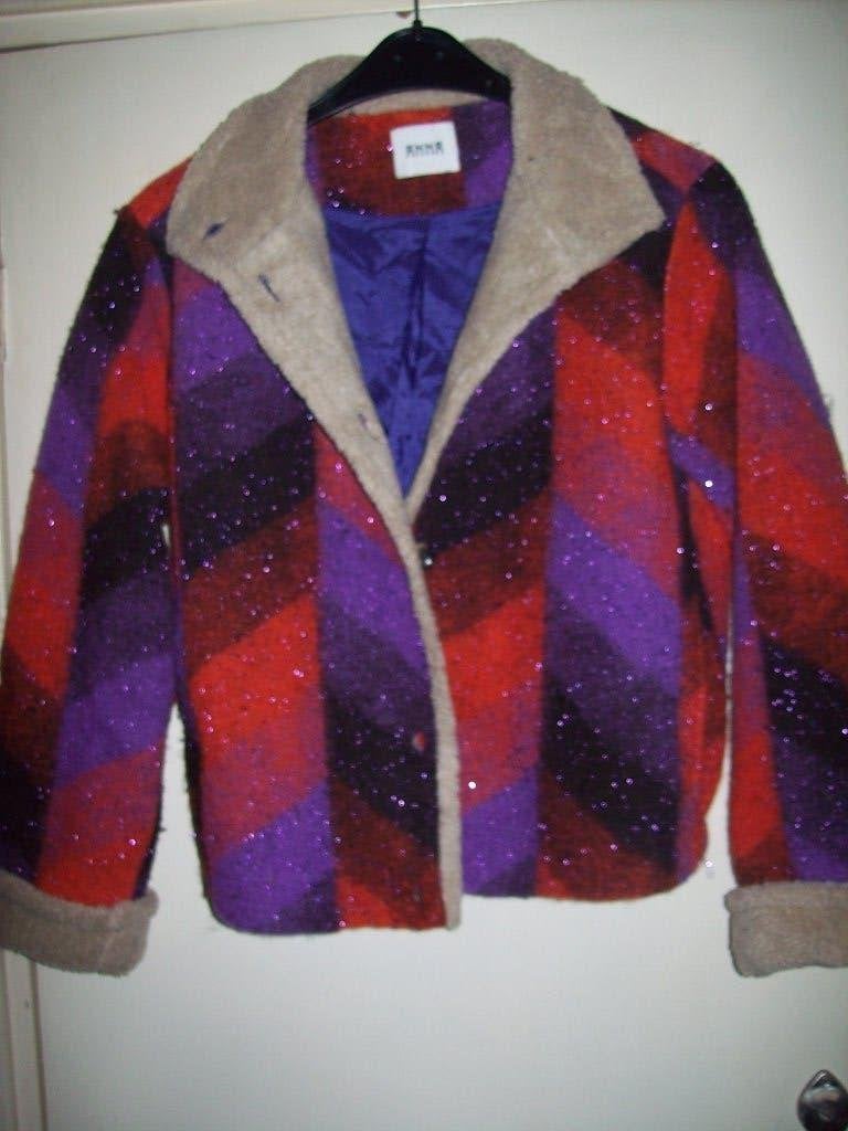 Wollen geblokte Jas rood/paars  in teddy vacht S 36 Anna, Kleding | Dames, Jassen | Winter, Anna, Paars, Ophalen of Verzenden