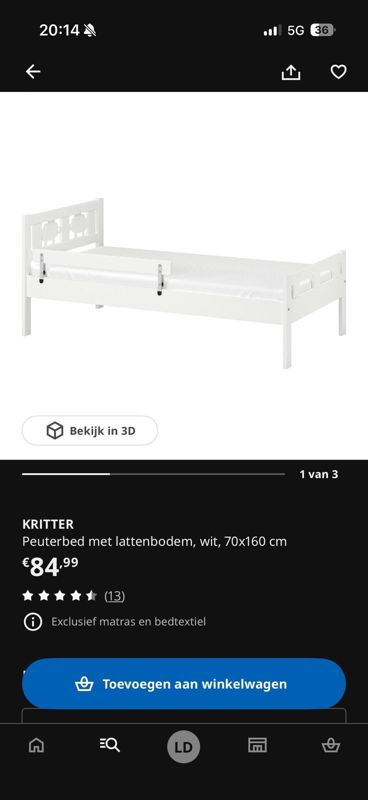 Peuterbed Kritter wit ikea, Kinderen en Baby's, Kinderkamer | Bedden, Ophalen, Zo goed als nieuw, 140 tot 160 cm, 70 tot 85 cm