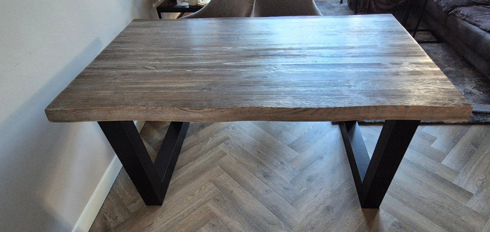Robuuste tafel met houten( douglas) blad.95x160 met stalen U, Zo goed als nieuw, 150 tot 200 cm, Vier personen, Rechthoekig