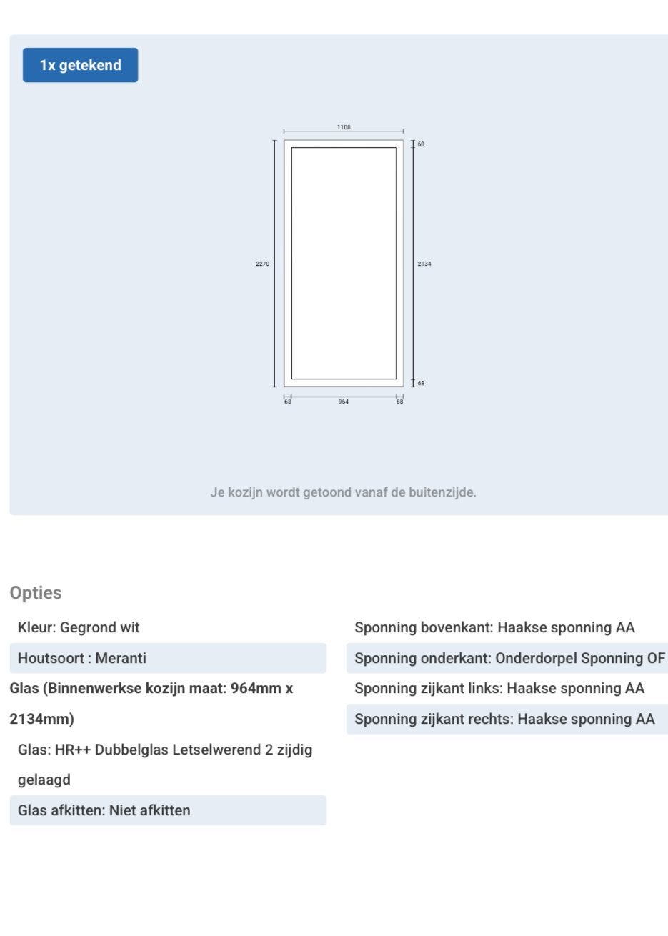 Hardhouten kozijn met dubbel HR++ glas, nieuw 1100x2270mm, Ophalen, Gevelraam of Ruit, 80 tot 120 cm, Nieuw