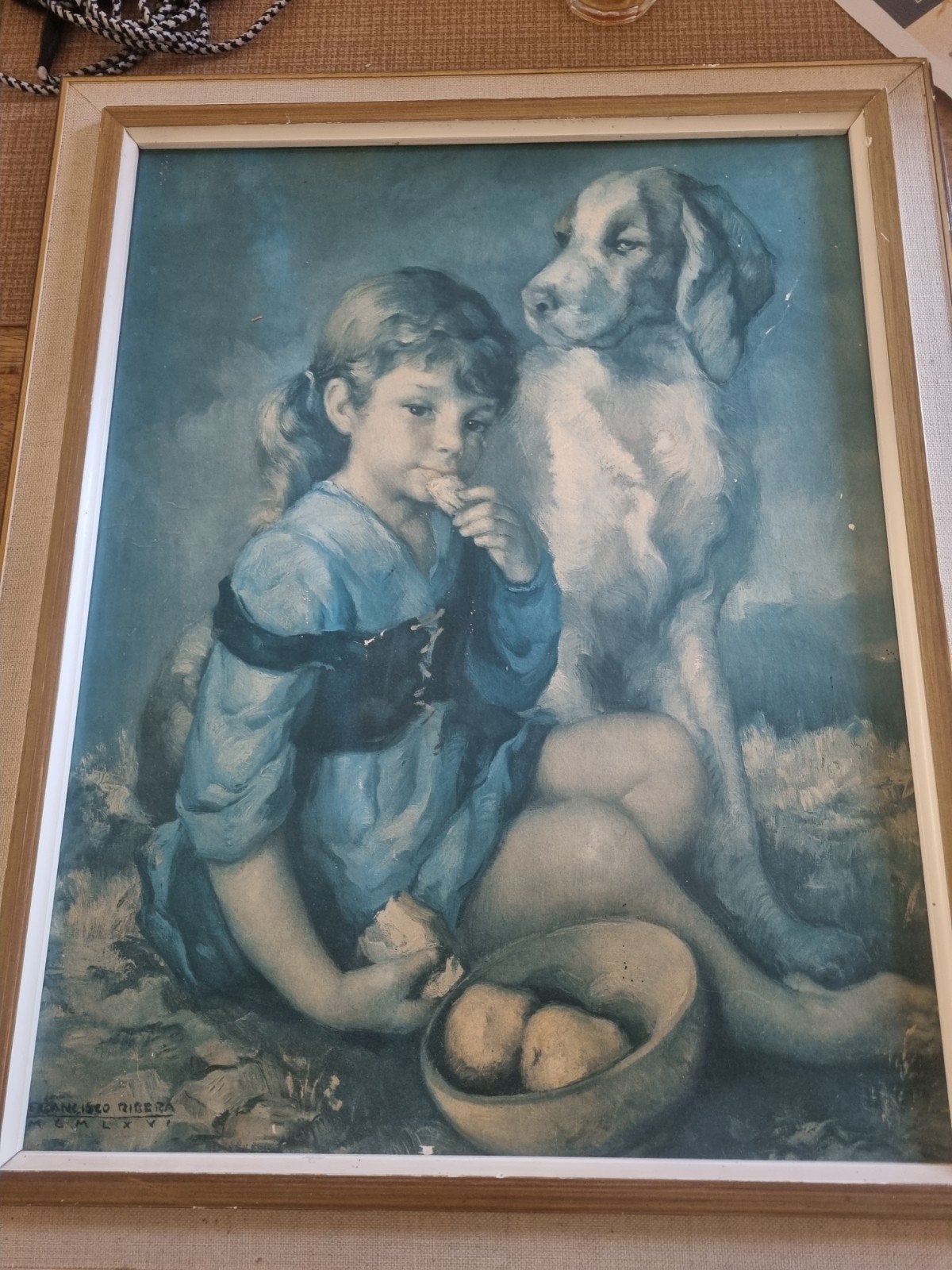 Klassiek schilderij: Meisje met hond en fruit, Ophalen of Verzenden