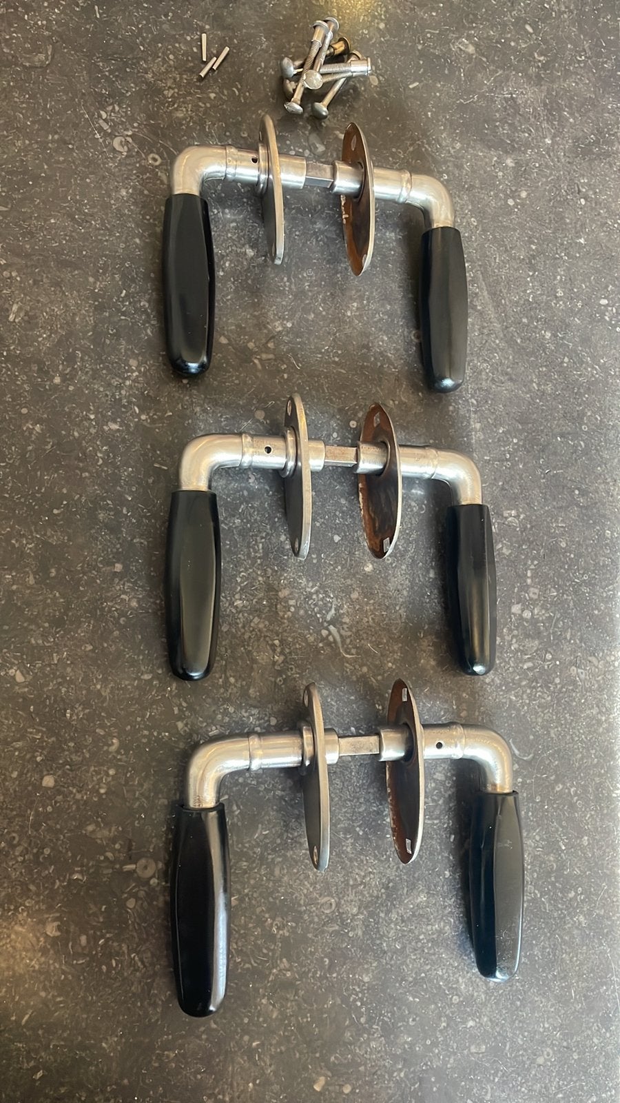 3x set Deurklinken Jaren 50-60 vernikkeld messing & Bakeliet, Ophalen of Verzenden