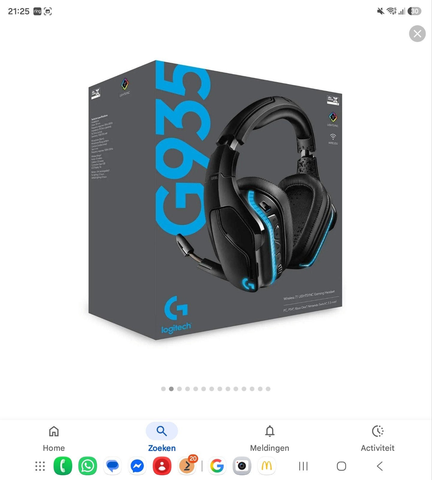 Logitech G935 Gaming Headset - Goed geluid, microfoon defect, Computers en Software, Headsets, Gebruikt, Over-ear, Draadloos, Gaming headset