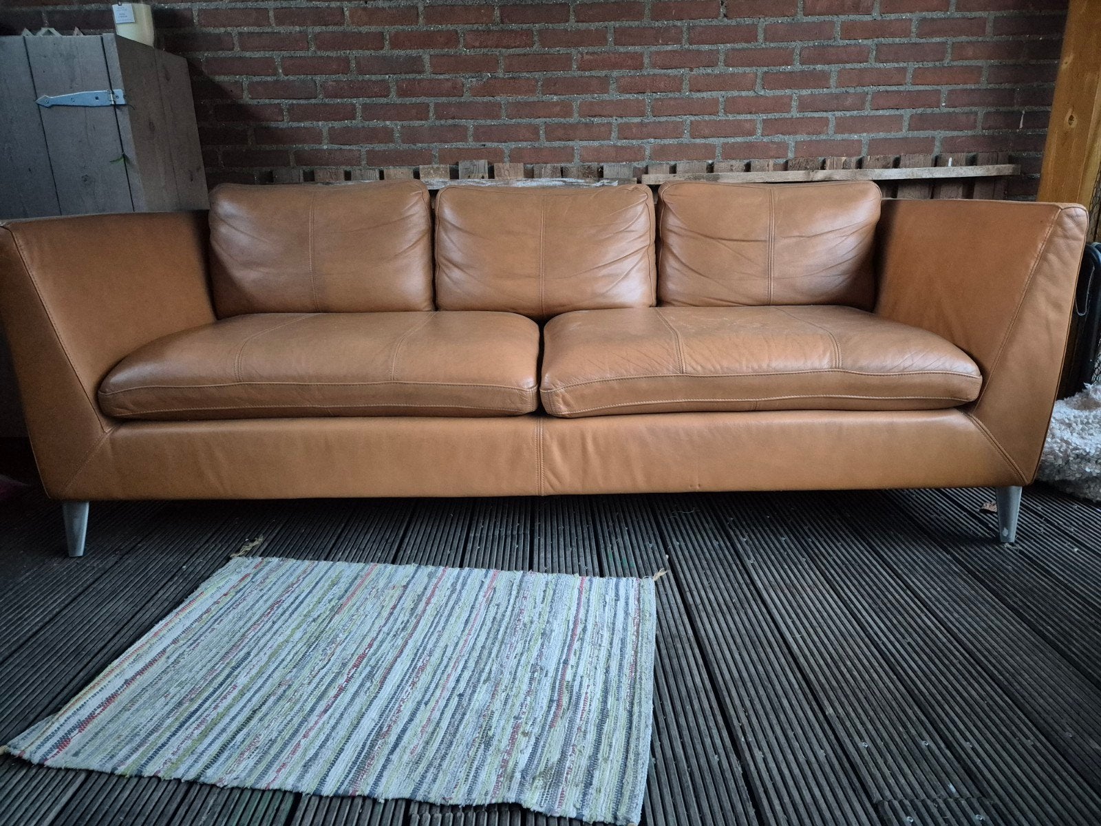 Echt lederen bank, prachtige cognac kleur, Ophalen, Driepersoons, Zo goed als nieuw, Rechte bank
