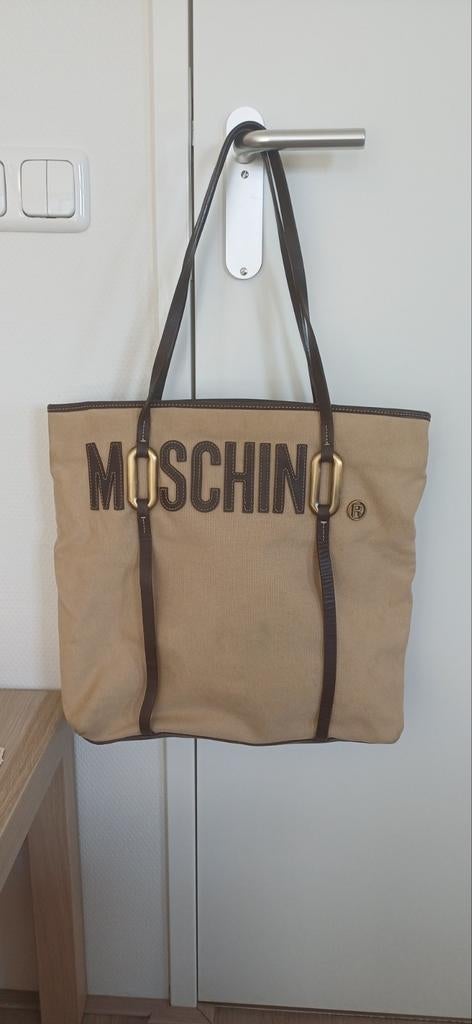 Vintage originele Moschino tas - Canvas met leren banden, Ophalen, Gebruikt, Beige, Schoudertasje
