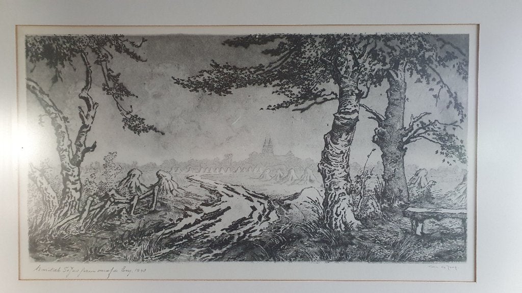 Ets Toon de Jong, Basiliek St. Jan uit 1948 in lijst. S36, Ophalen of Verzenden, Gravure
