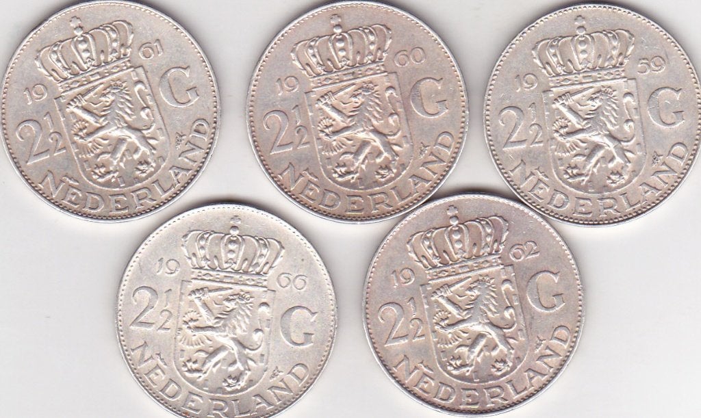 RIJKSDAALDERS 5 STUK JAREN 1959 - 1960 - 1961 - 1962 - 1966, Postzegels en Munten, Ophalen of Verzenden, Koningin Juliana, 2½ gulden