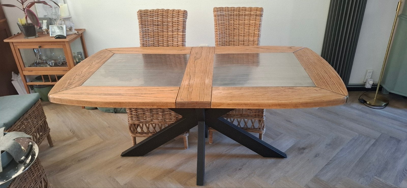 Eikenhouten eettafel met RVS inleg, 180x100 cm, Gebruikt, 100 tot 150 cm, Ophalen of Verzenden, 150 tot 200 cm