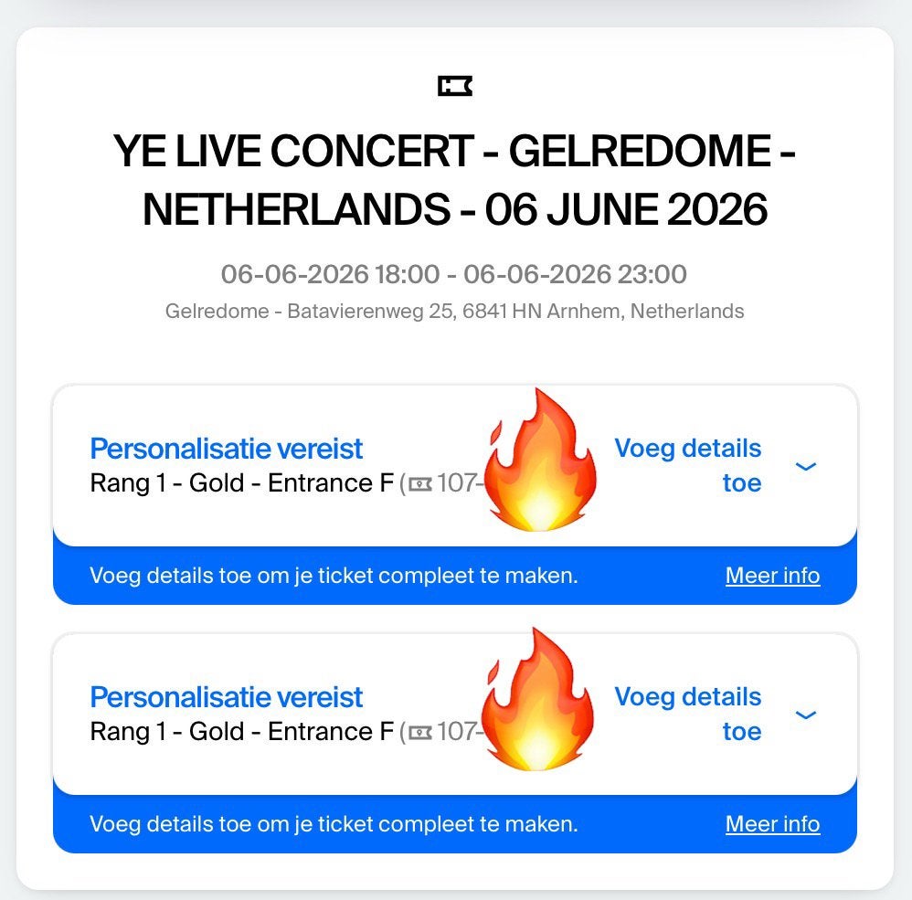Ye 6 juni 2x zitplaatsen vak 107 rang 1, Tickets en Kaartjes, Twee personen, Juni
