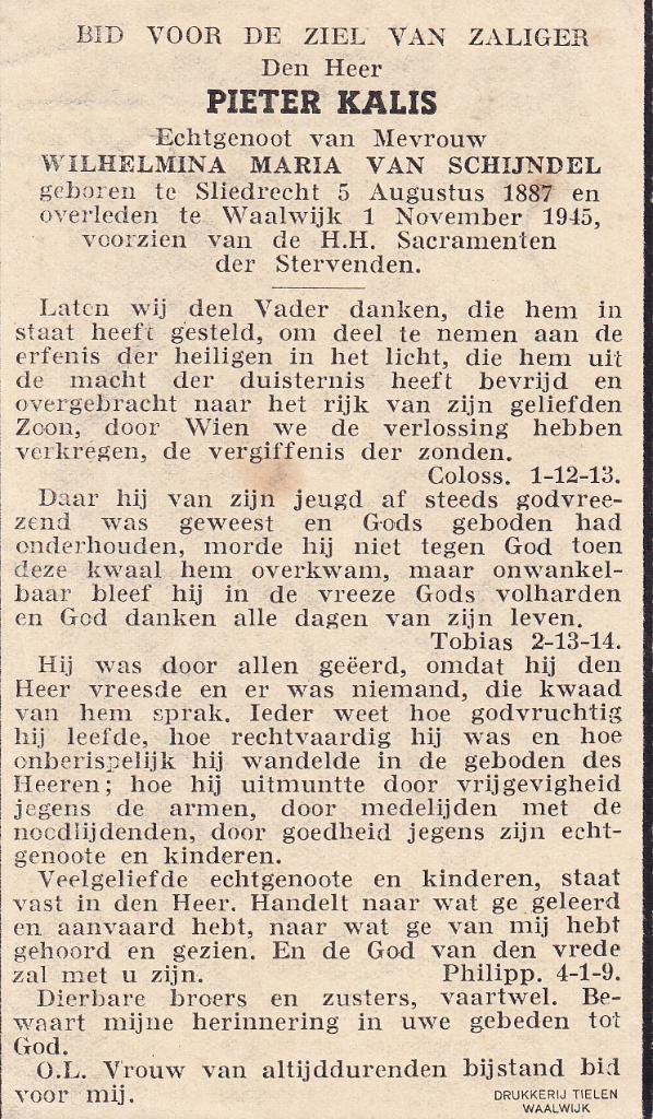 Kalis Pieter 1887 Sliedrecht 1945 Waalwijk, Ophalen of Verzenden, Bidprentje