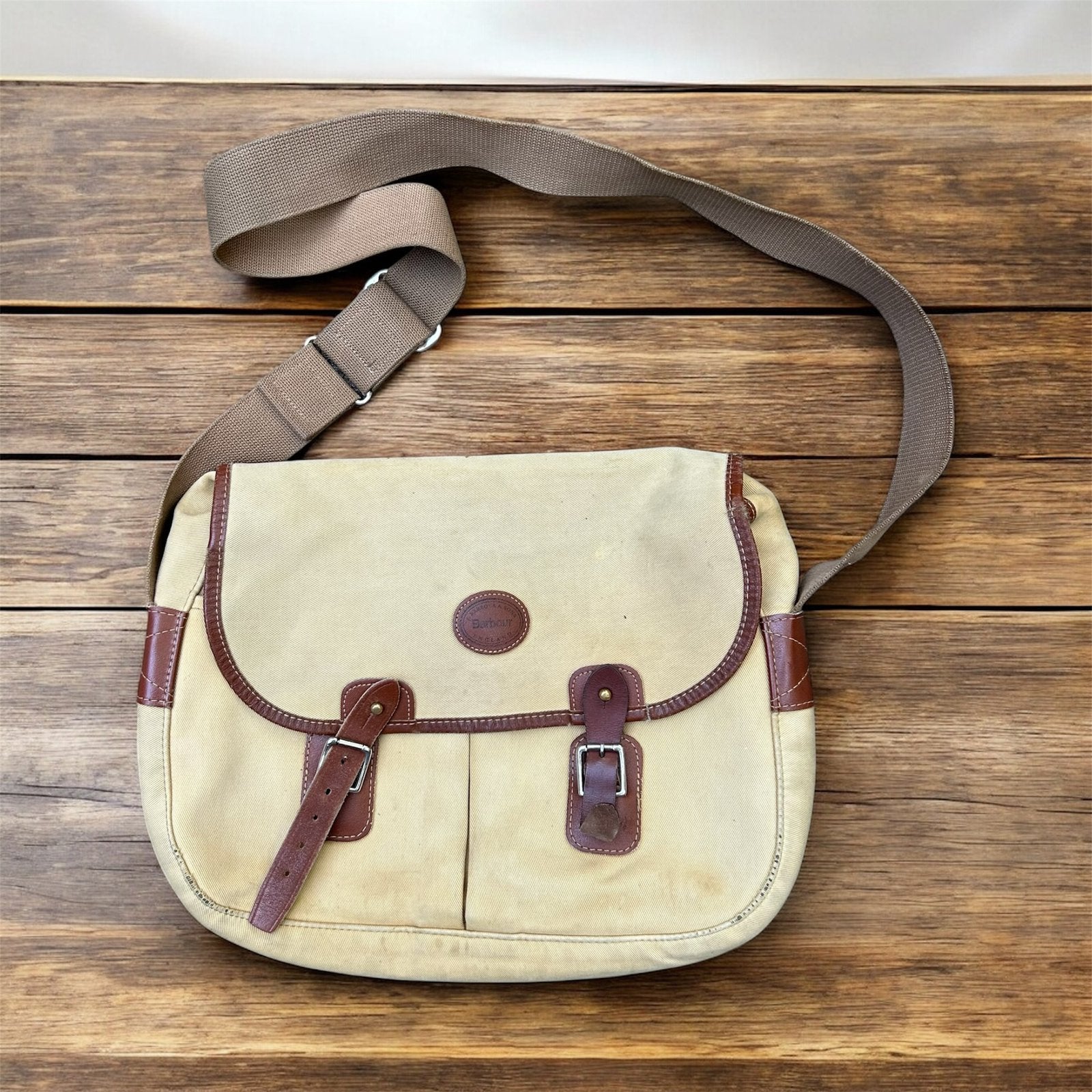 Barbour Canvas Messenger Laptop Schoudertas Tas Made England, Overige merken, Gebruikt, Beige, Ophalen of Verzenden