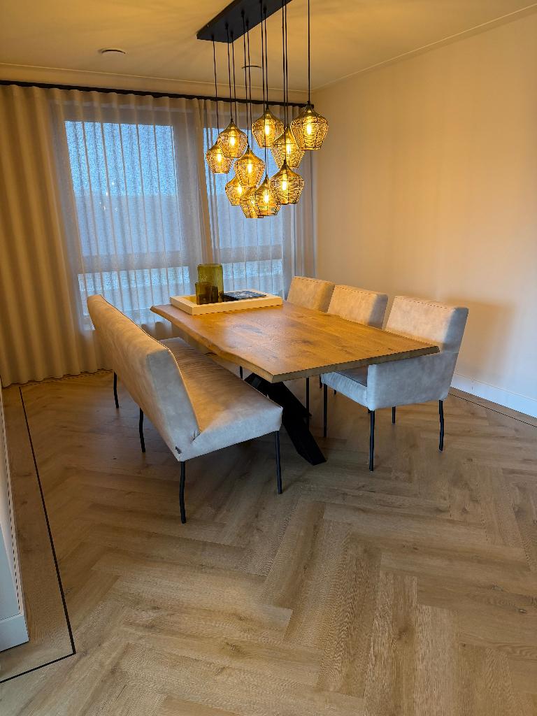 Luxe design eettafel set – stoelen en bank, Ophalen, Gebruikt, 100 tot 150 cm, Luxe en modern
