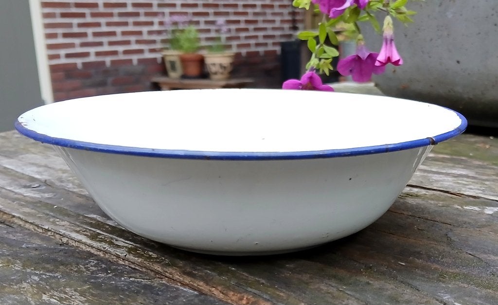 Emaille bakje - wit met blauwe rand - geëmailleerd, Ophalen of Verzenden