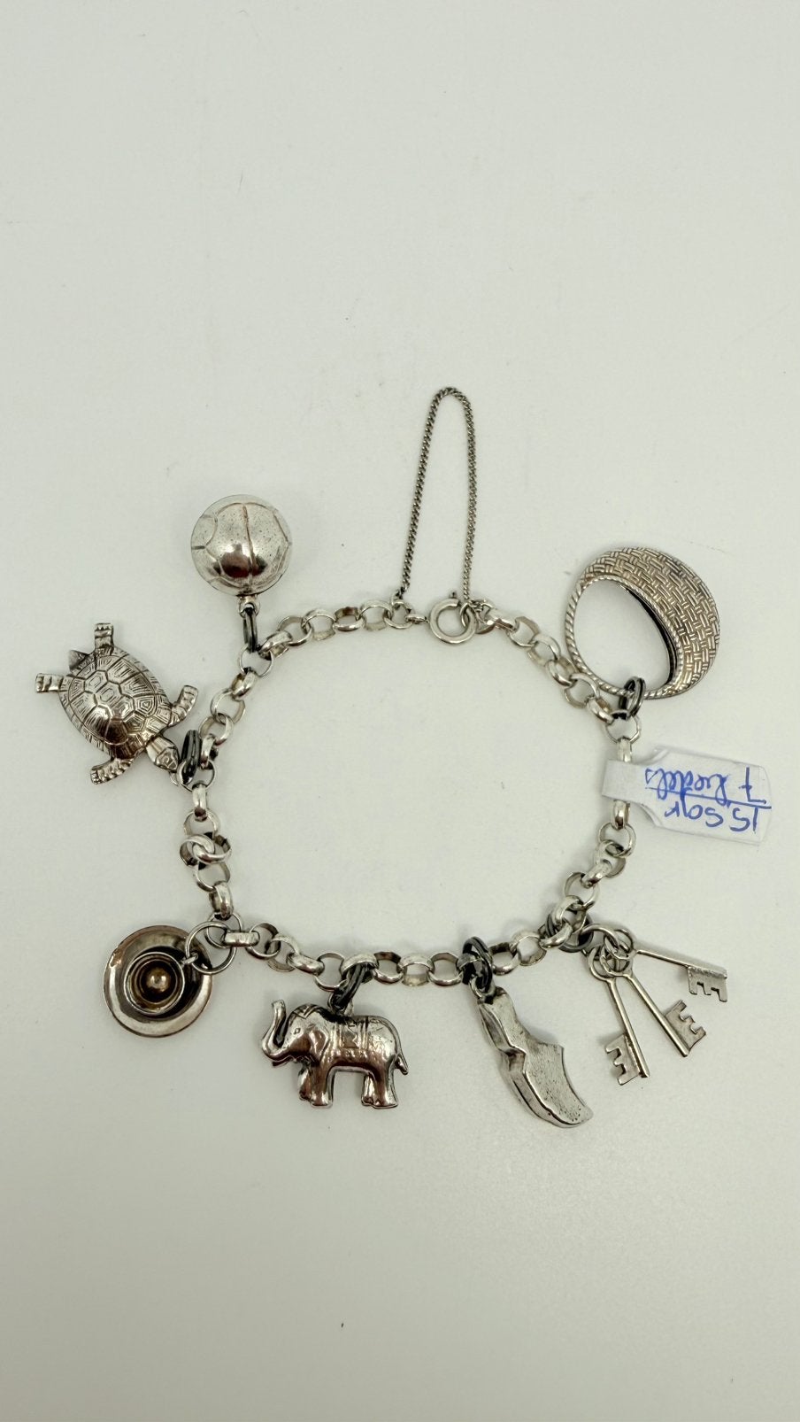Oude zilveren bedelband met er aan 7 bedels., Verzenden, Gebruikt, Zilver